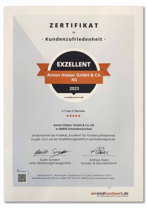 Zertifikat Excellent-Bewertung (4,9 von 5 Sternen) für Elektro Hieber auf wirsindhandwerk.de