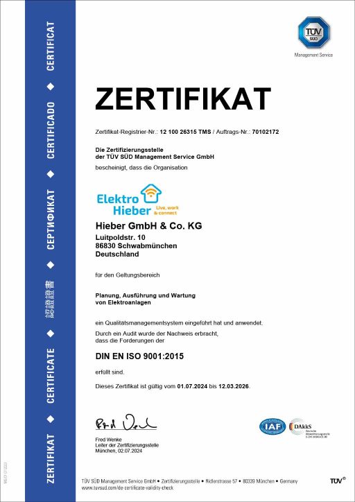 Qualitätsmanagement laut DIN ISO 9001:2015 Zertifikat Elektro Hieber Schwabmünchen
